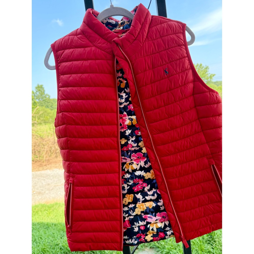 Joules Snug Gilet Red Quilted Puffer Vest Floral Lining Packable Showerproof 10